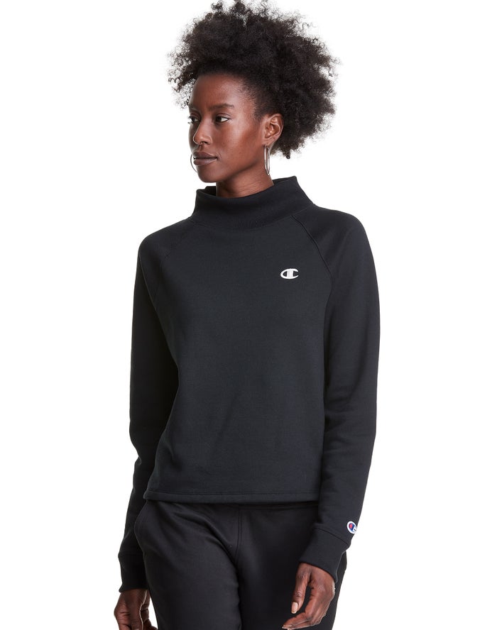 Champion Sweatshirt Dames - Zwart - Powerblend Fleece Mock Neck Embroidered Logo ( 703158-YJU )